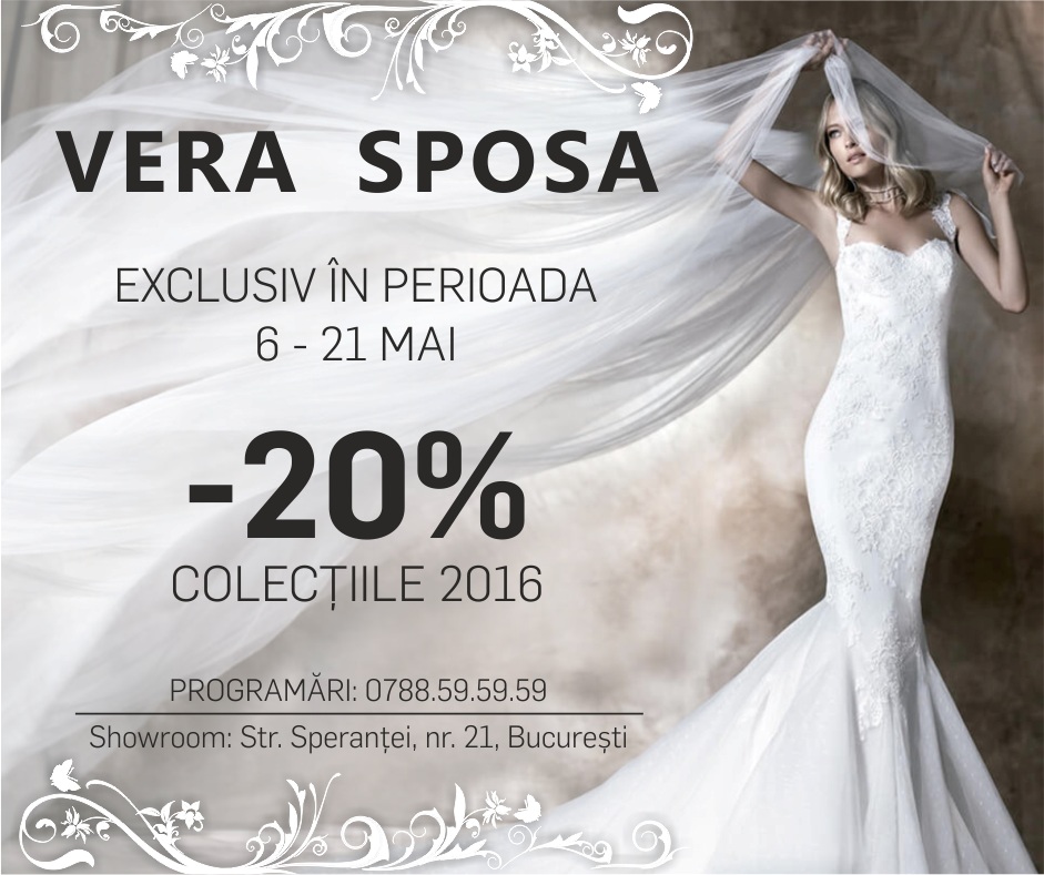 20% reducere la rochiile din stocul 2016, exclusiv la Vera Sposa